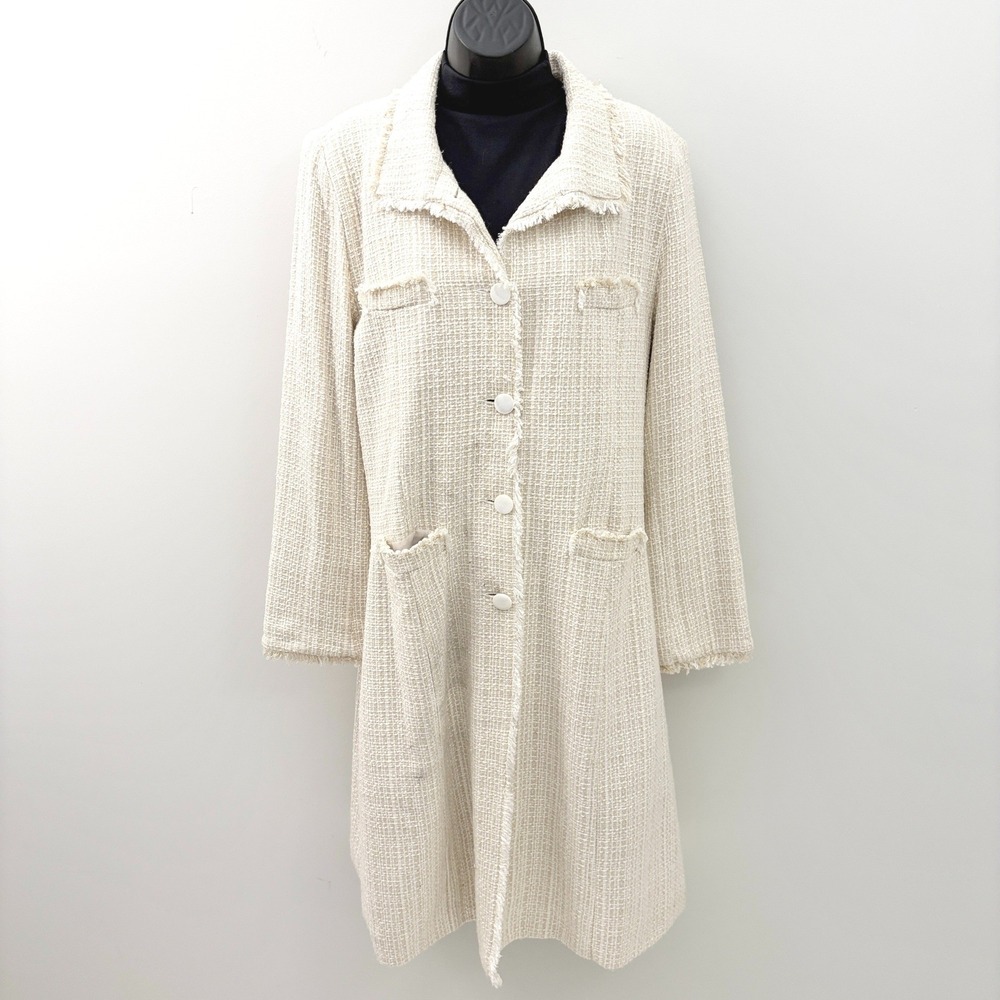 Brandon Thomas Tweed Coat Longline Frayed Trim Size 12 Cream Tan